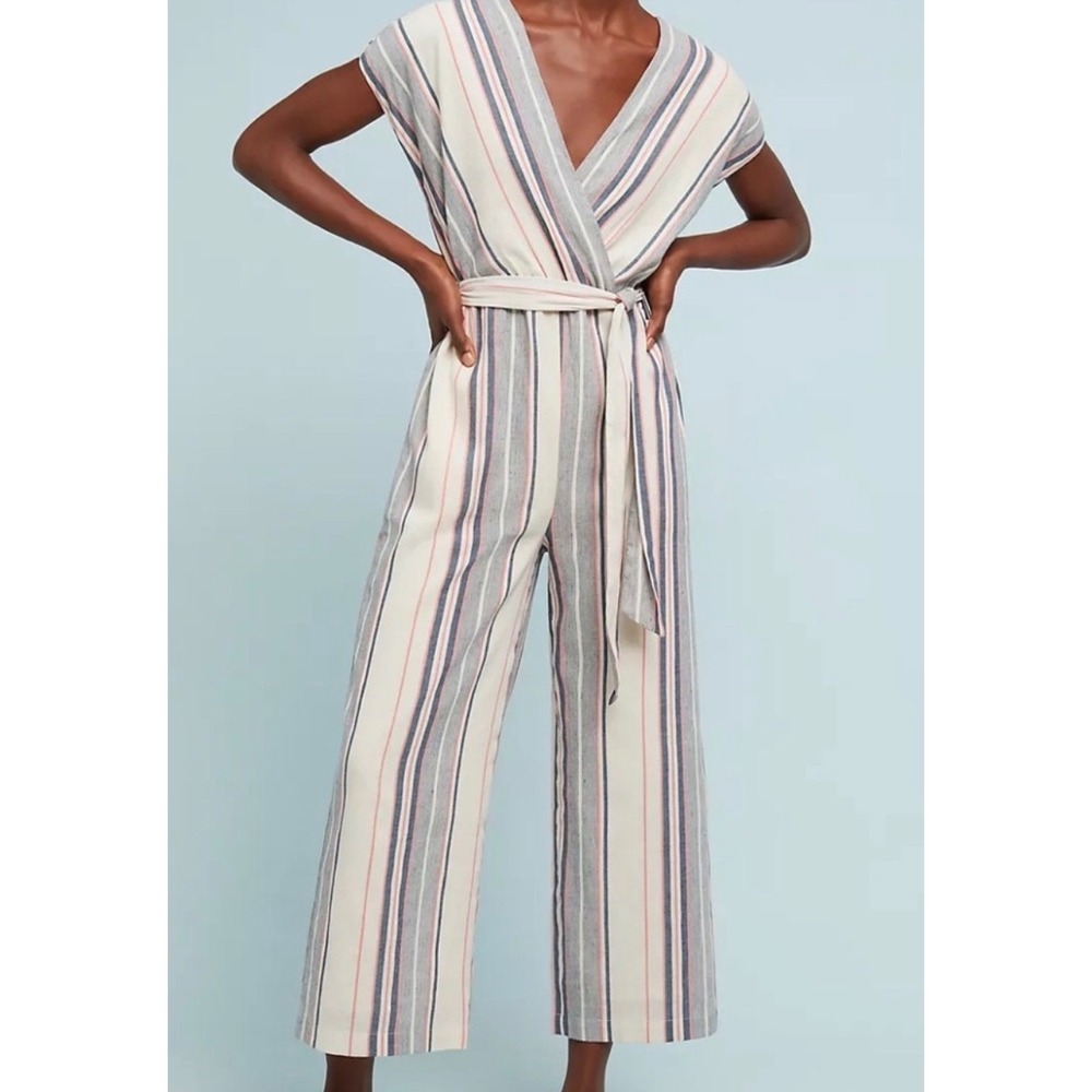 Anthropologie Dolan Millie Striped Belted Jumpsuit Romper Size 4 blue white NWT